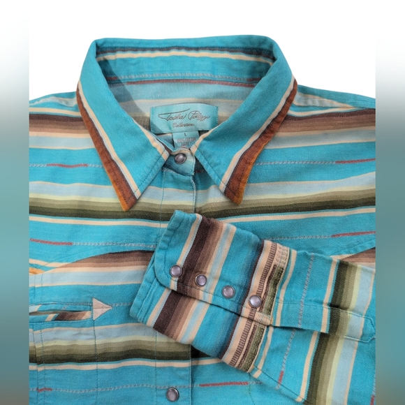 Tasha Polizzi Shirt Women's L Torquoise Tan Western Southwestern Pearl Snaps - Picture 1 of 8